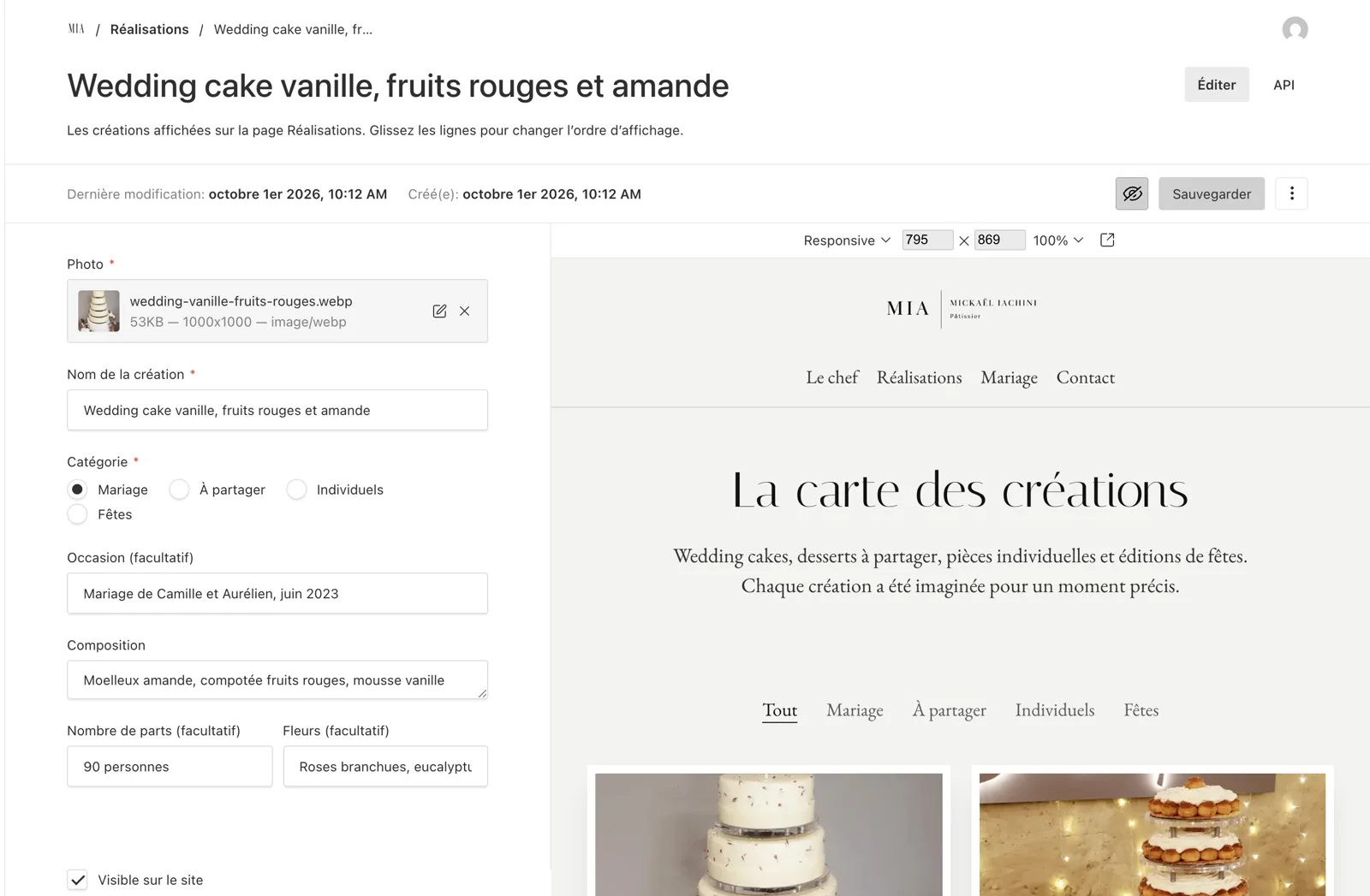 L'espace d'édition du site de Mickaël Iachini : la fiche d'un wedding cake à gauche, l'aperçu du site qui se met à jour à droite